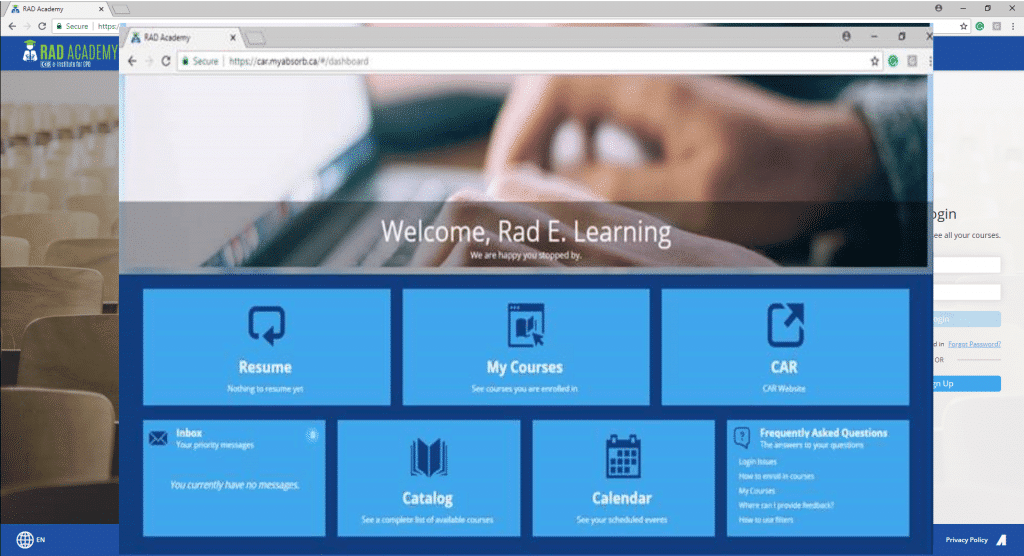 RAD Academy login page.