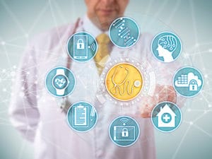 Physician pointing to digital icons